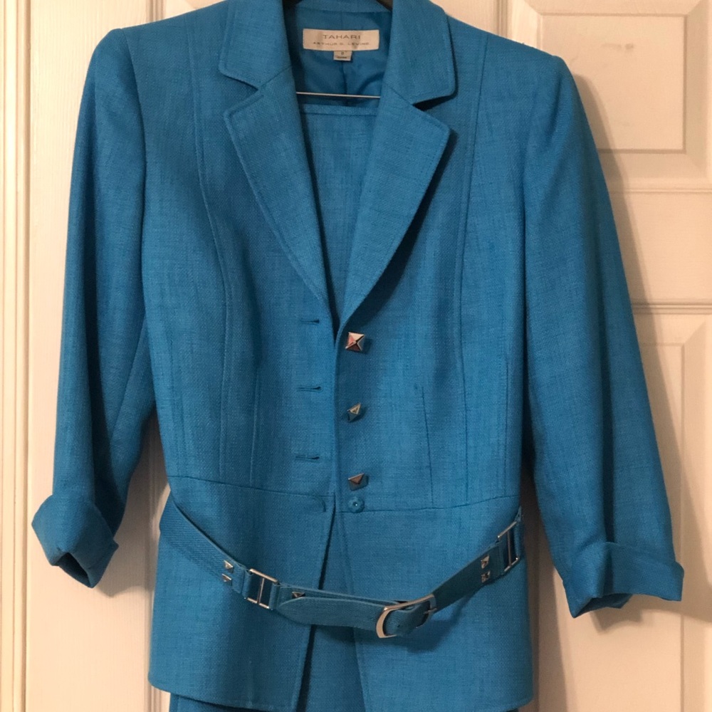 Blue skirt suit with belt detail